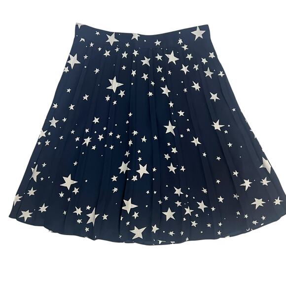 JCrew Pleated Navy Blue White Stars Midi Knee Length Skirt Size 0 Lined Zipper - Picture 1 of 10